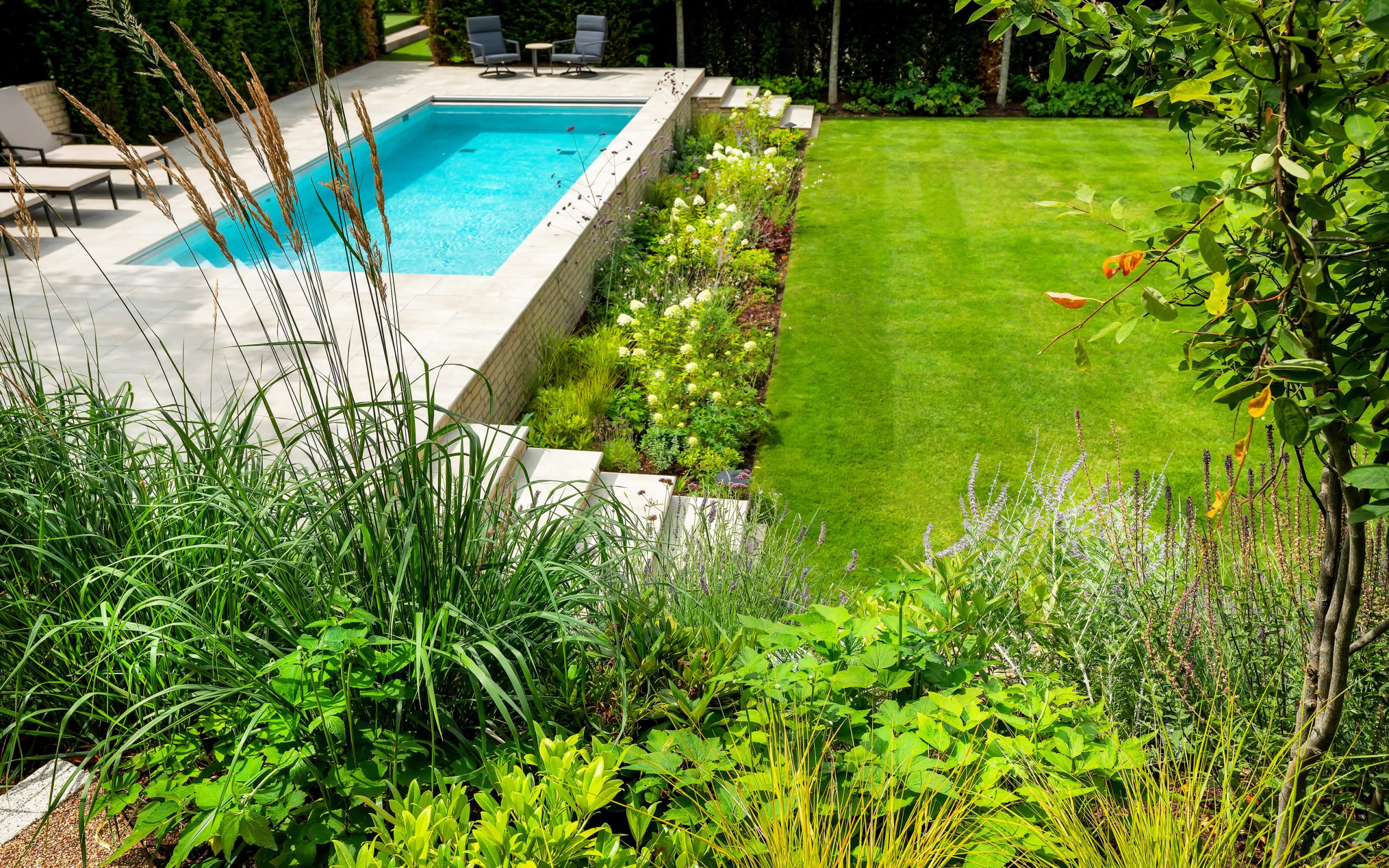 Cobham Surrey swimming pool beautiful layered planting scheme