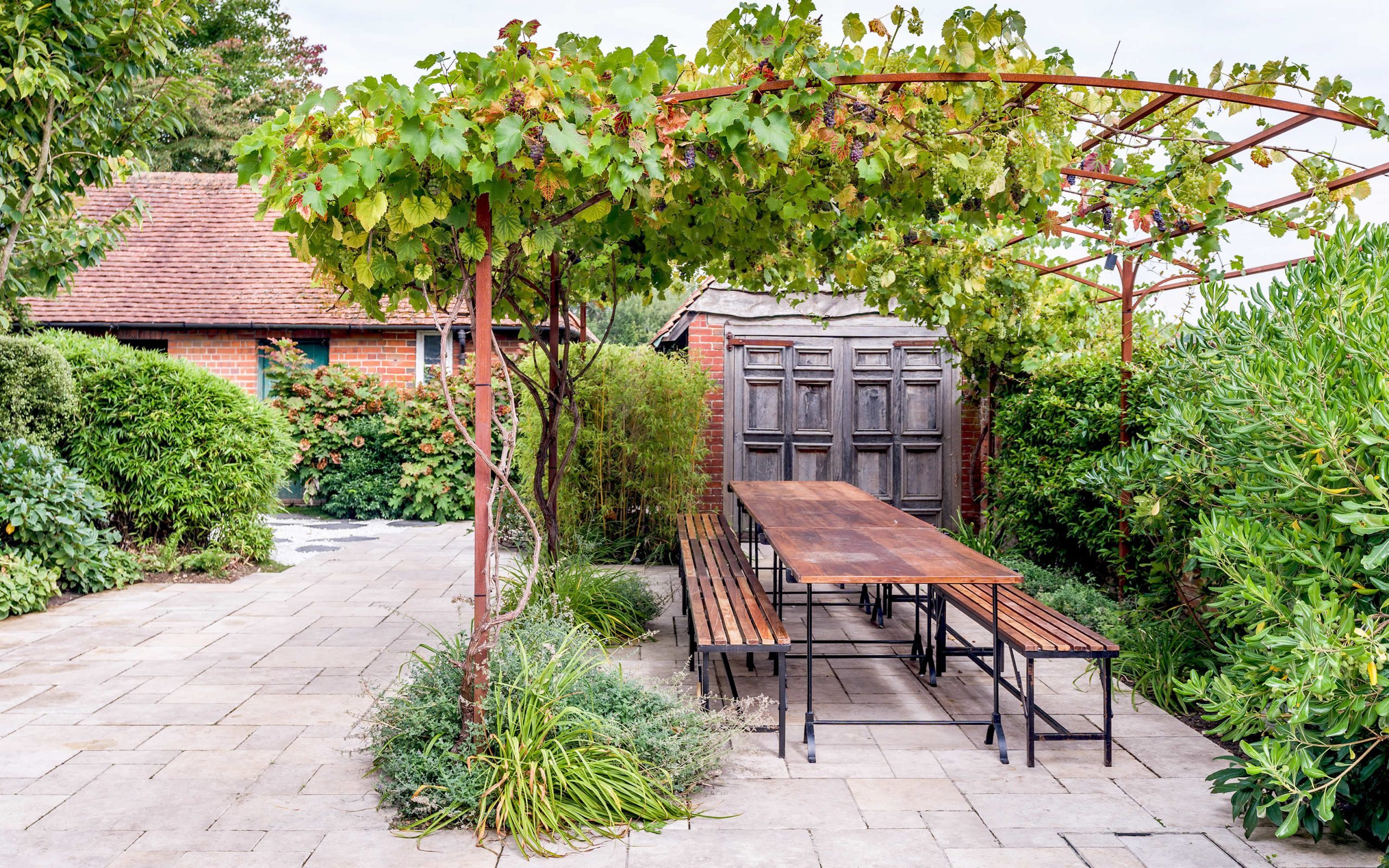 Surrey Woking country garden design pergola social eating space